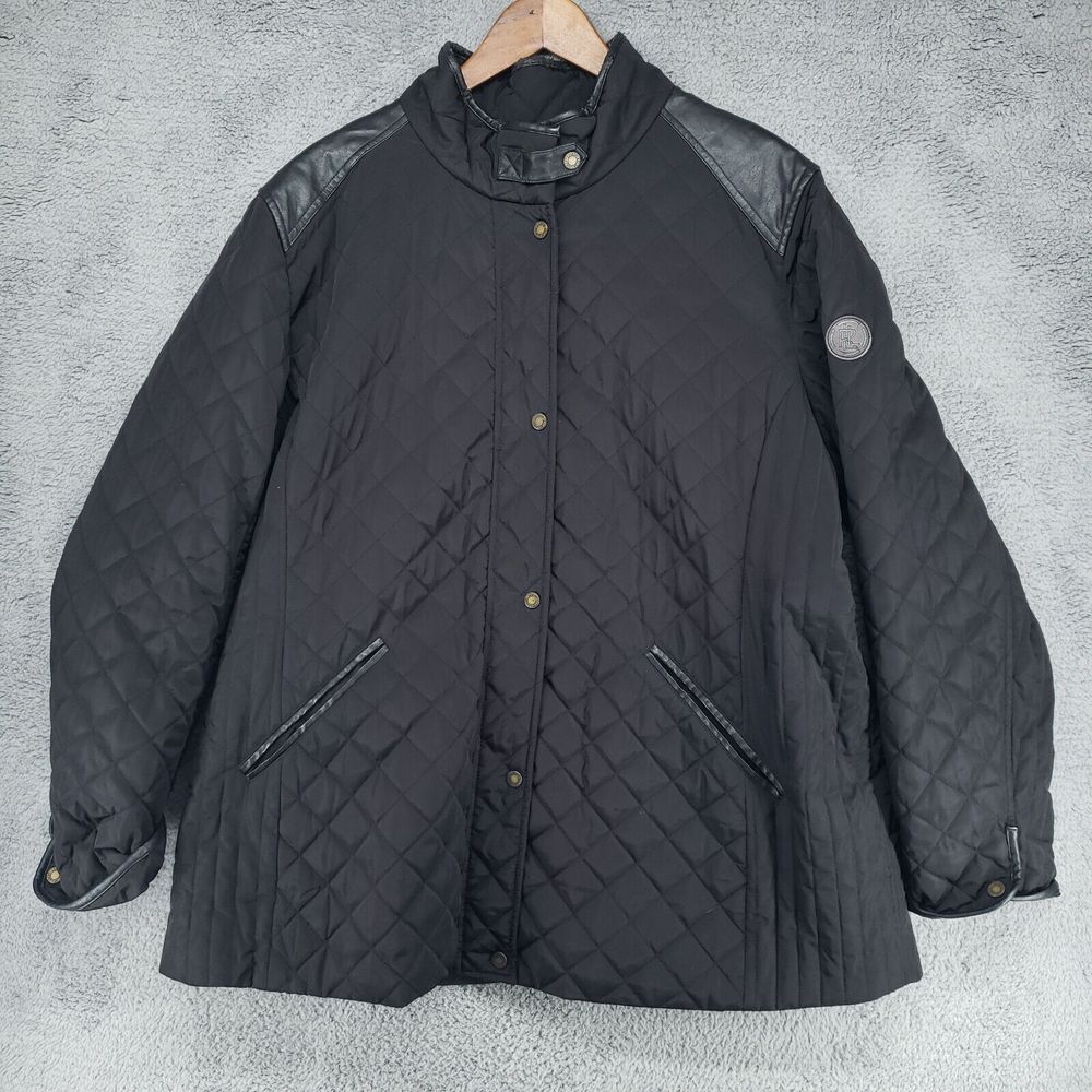Ralph Lauren Womens Black Quilted Faux Leather Accent Puffer Jacket Coat Size 1X